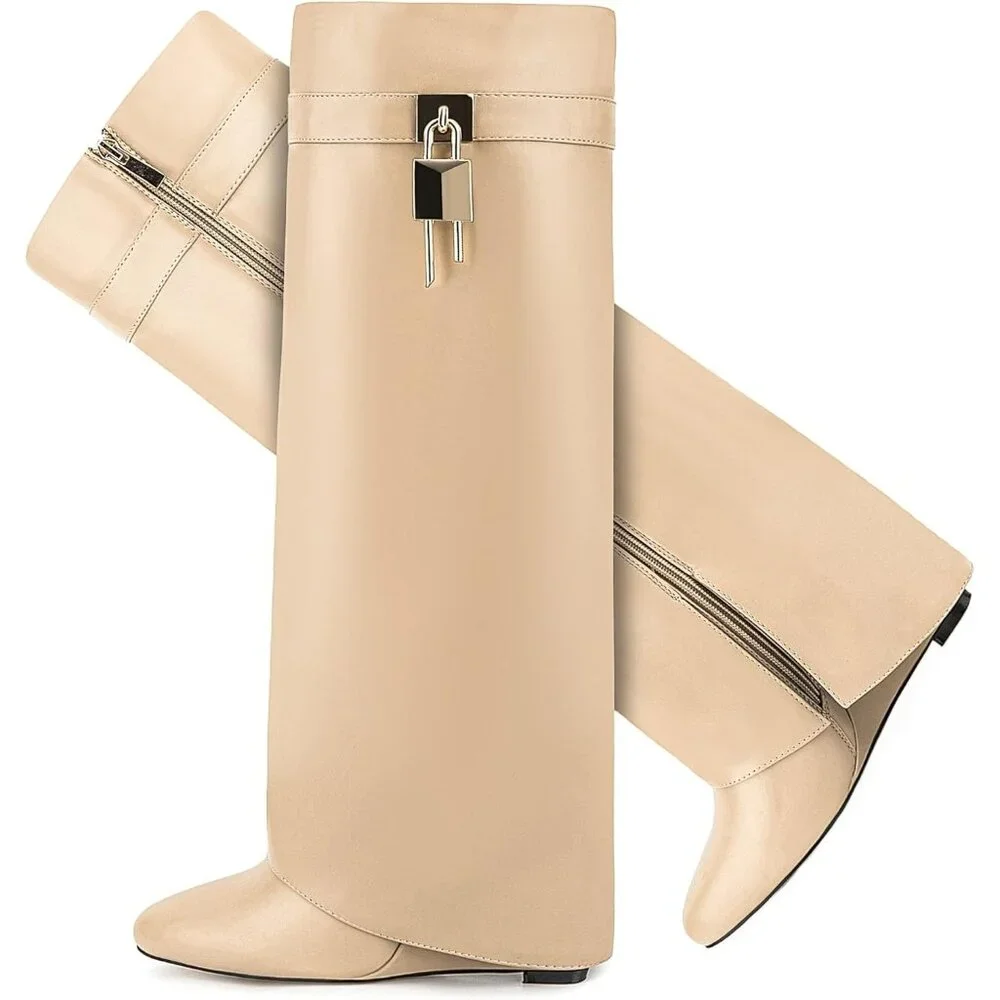Women's Beige Pointy- Pull Fold Over Wedge Knee Side Zipper Padlock Boot Heel - Picture 1 of 5